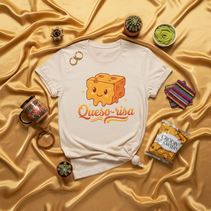 Queso-risa Kawaii Cheese T-Shirt Funny Spanish Pun Tee Cute Smiling Block of Cheese Graphic Unisex Shirt Gift for Foodies Cheese Lovers