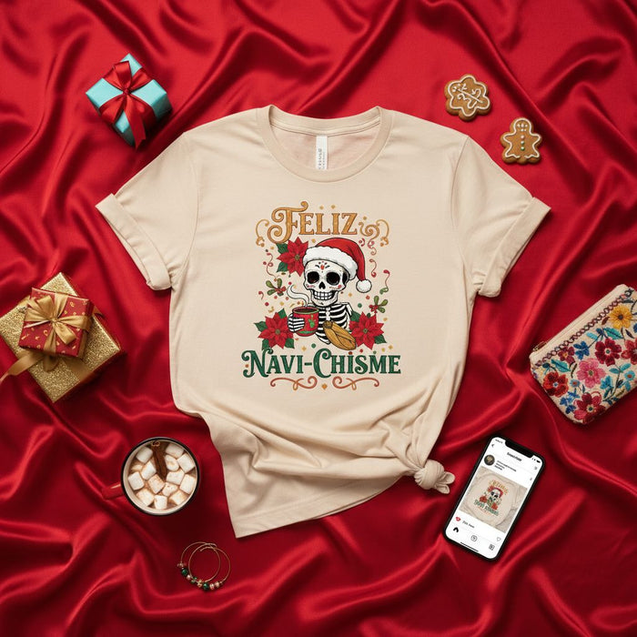 Feliz Navi-Chisme Christmas Skeleton T-Shirt, Funny Dia De Muertos Santa Sugar Skull Tee, Latinx Holiday Gossip Shirt, Spanglish Xmas Fiesta Gift