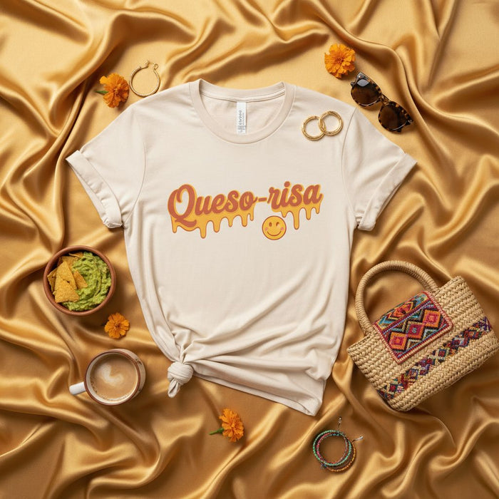 Queso-risa Funny Mexican Foodie Shirt, Cute Cheesy Smiling Face Tee, Retro 70s Groovy Spanish Pun T-Shirt, Unisex Graphic Top for Taco Tuesday Lover