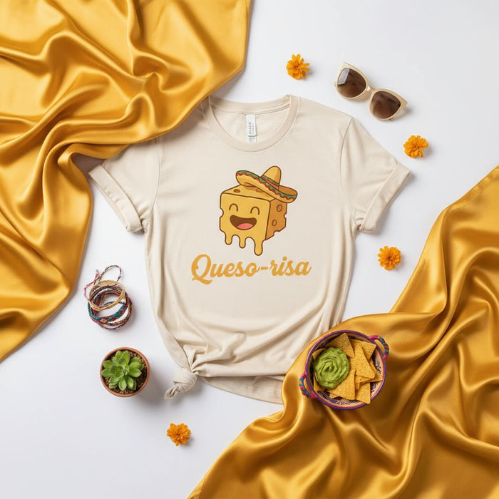 Queso-risa Funny Smiling Cheese Cube with Sombrero Graphic Tee, Cute Mexican Food Pun T-Shirt, Fiesta Party Unisex Shirt Gift Idea, Nacho and Guacamole Themed Apparel