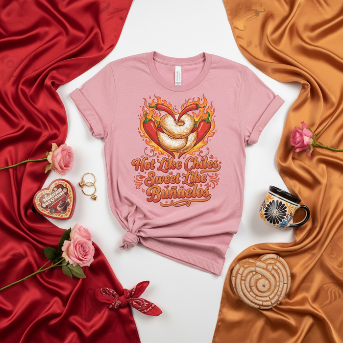 Hot Like Chiles Sweet Like Buñuelos T-Shirt, Mexican Food Lover Tee, Spicy Sweet Donut Heart, Valentine's Day Gift, Cute Latinx Humor Shirt, Pink Unisex T-shirt with Chiles and Buñuelos Graphic.