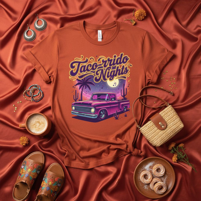 Taco Corrido Nights T-Shirt, Retro Lowrider Truck, Desert Sunset Fiesta Graphic Tee, Unisex Funny Food and Music Shirt, Orange Casual Summer Vacation Top