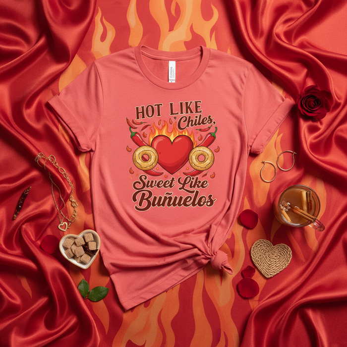 Maglietta Piccante Come Peperoncini Dolce Come Buñuelos, Maglietta Cuore Amore Piccante, Maglia Dolce Messicano, Regalo Unisex San Valentino, Maglietta Grafica Peperoncino Ciambella, Abbigliamento Culturale Ispanico Romantico