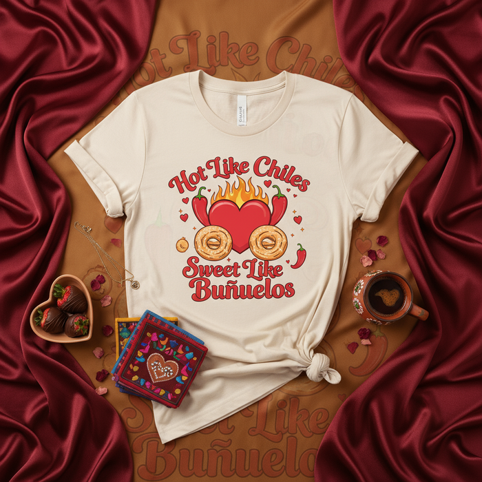 Hot Like Chiles Sweet Like Buñuelos T-Shirt, Spicy and Sweet Food Pun Shirt, Mexican Dessert Shirt, Chile Pepper Heart with Buñuelos Graphic Tee, Unisex Funny Latinx Gift Shirt, Valentine's Day Shirt, Spanish Phrase Shirt