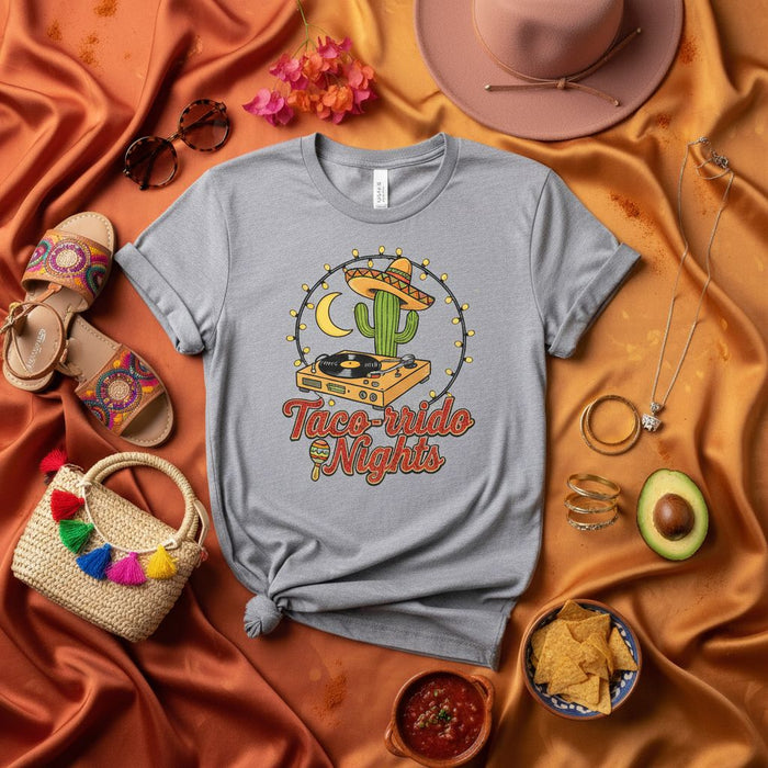 Taco-rrido Nights Graphic Tee with Cactus DJ on Turntable, Moon, and String Lights, Unisex T-Shirt for Mexican Fiesta, Taco Lover Gift, Corridos Music Fan Apparel