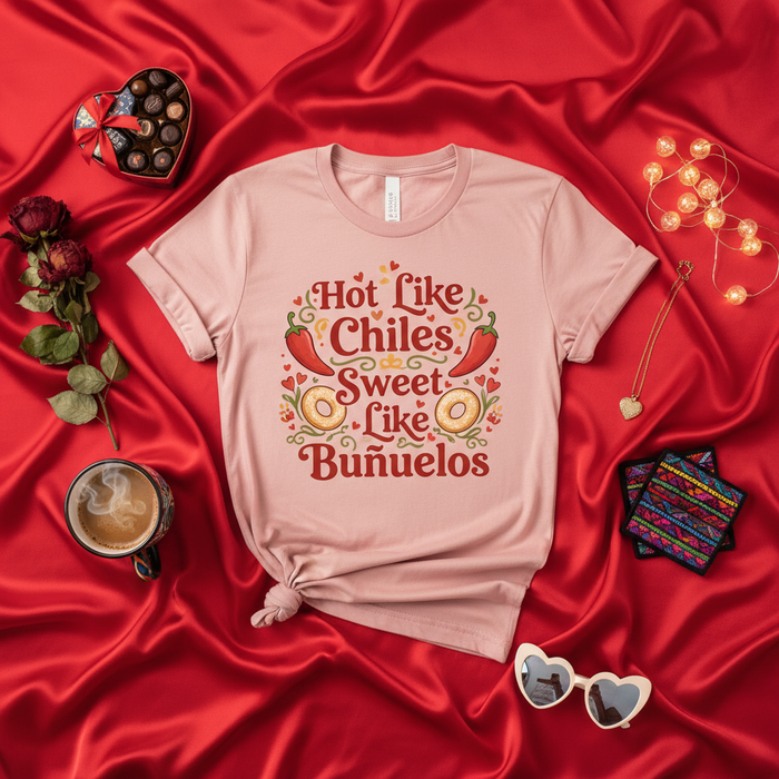 Maglietta Piccante Come Peperoncini Dolce Come Buñuelos, Maglia Divertente San Valentino Ispirata al Messico, Regalo Unisex per Amante Cultura Latinx