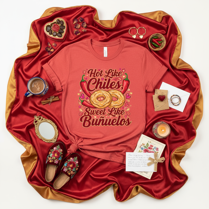 Maglietta Piccante Come Peperoncini Dolce Come Buñuelos, Maglia Cibo Piccante e Dolce, Maglietta Simpatica San Valentino, Divertente Grafica Peperoncino Dessert Ispanico Unisex, Idea Regalo Amante Cibo Latinx.