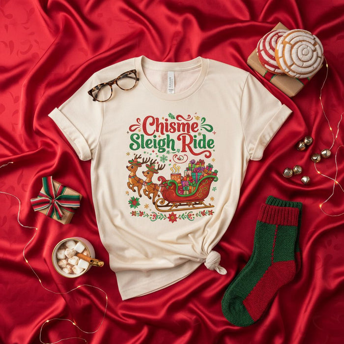 Chisme Sleigh Ride Shirt, Funny Latinx Christmas Tee, Unisex Holiday T-Shirt with Reindeer and Presents, Festive Spanish English Quote Top