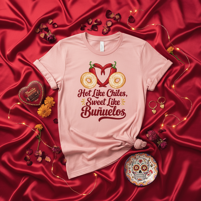 Hot Like Chiles Sweet Like Buñuelos T-Shirt, Mexican Food Lover Tee, Spicy Sweet Dessert Shirt, Valentine's Day Buñuelo Chili Pepper Heart Graphic Top, Cinco de Mayo Fiesta Apparel, Hispanic Heritage Gift