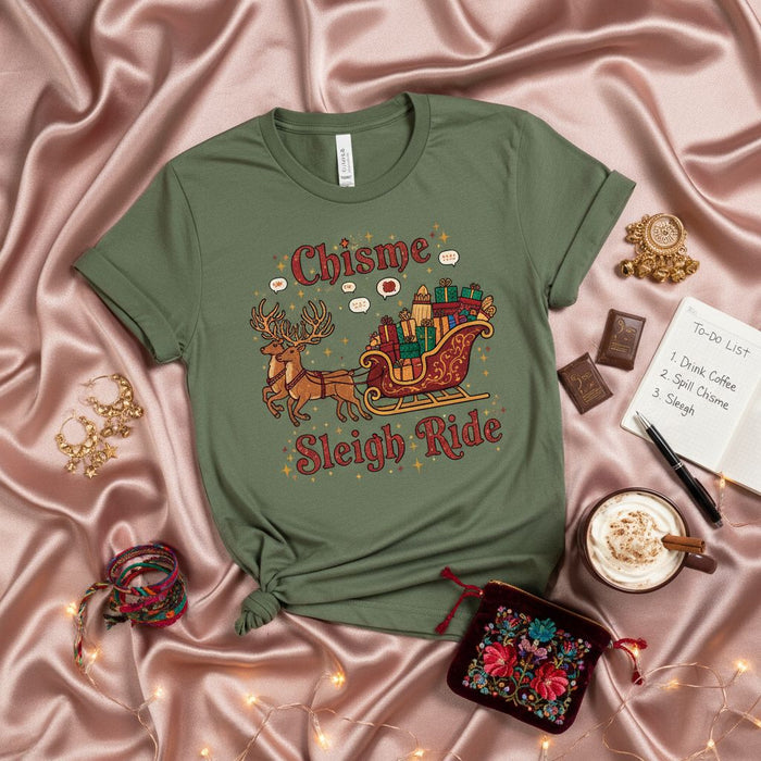 Chisme Sleigh Ride Christmas Unisex T-Shirt - Holiday Reindeer Sled Gift, Funny Spanish English Text Shirt, Festive Graphic Tee for Women & Men