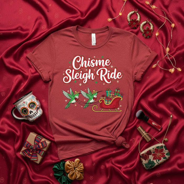 Chisme Sleigh Ride Christmas T-Shirt, Funny Holiday Hummingbird Tee, Spanglish Xmas Shirt, Mexican Fiesta Gift, Seasonal Party Top, Unisex Red Family Outfit