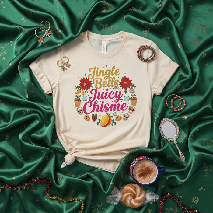 Maglietta natalizia Jingle Bells Juicy Chisme, camicia festiva con ghirlanda di stelle di Natale, divertente maglietta da festa latina, regalo di Natale bilingue spagnolo inglese per lei