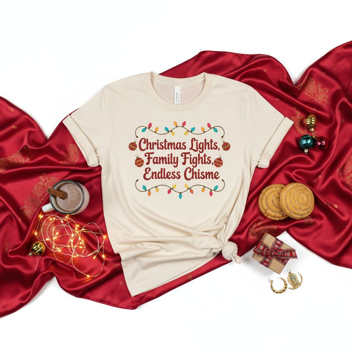 Christmas Lights Family Fights Endless Chisme T-Shirt, Funny Christmas Holiday Tee, Spanglish Saying Shirt, Latina Navidad Gift, Family Gathering Outfit, Unisex Xmas Party Top