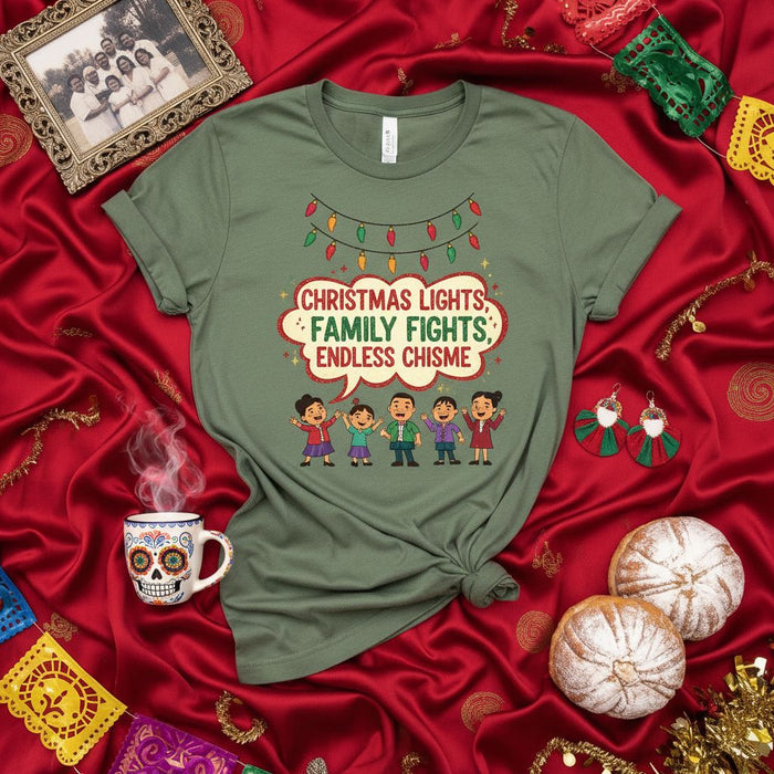 Christmas Lights Family Fights Endless Chisme T-Shirt, Funny Chicana Navidad Shirt, Mexican Holiday Tee, Hispanic Family Christmas Party Outfit, Latina Humor Gift Idea