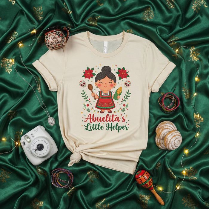 Abuelita's Little Helper Christmas Shirt, Cute Mexican Grandma's Helper T-Shirt, Poinsettia Day of the Dead Sugar Skull Holiday Tee, Hispanic Family Navidad Gift for Girls, Cooking T-Shirt for Kids.