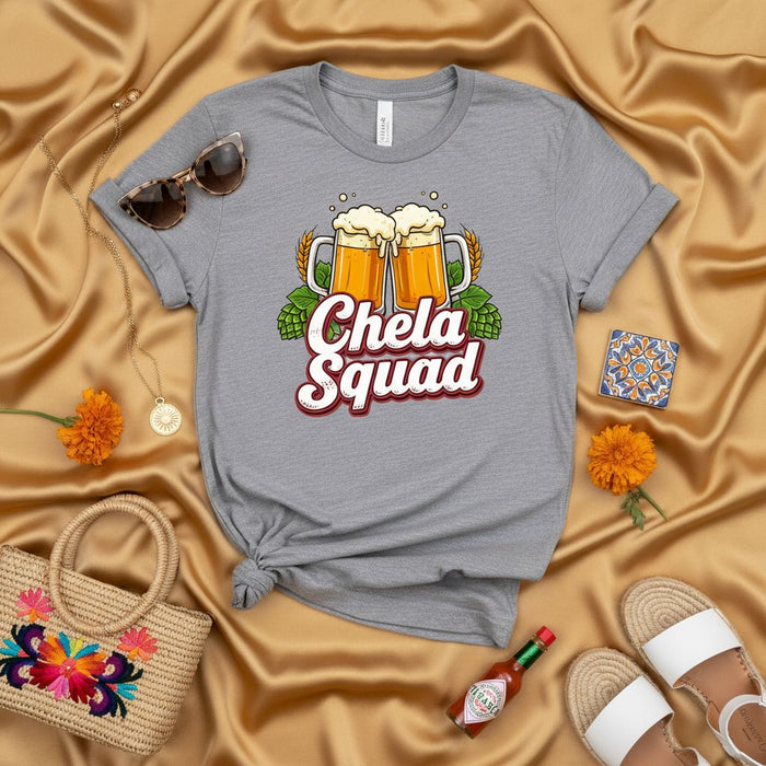 Chela Squad T-Shirt Funny Beer Drinking Shirt Mexican Fiesta Cinco de Mayo Unisex Tee Humorous Beer Lover Gift for Men and Women