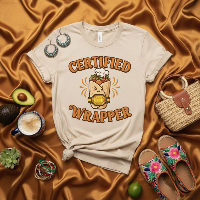 Certified Wrapper T-Shirt Funny Burrito Chef Shirt Mexican Food Lover Gift Idea Taco Tuesday Graphic Tee Unisex Cooking Humor Apparel