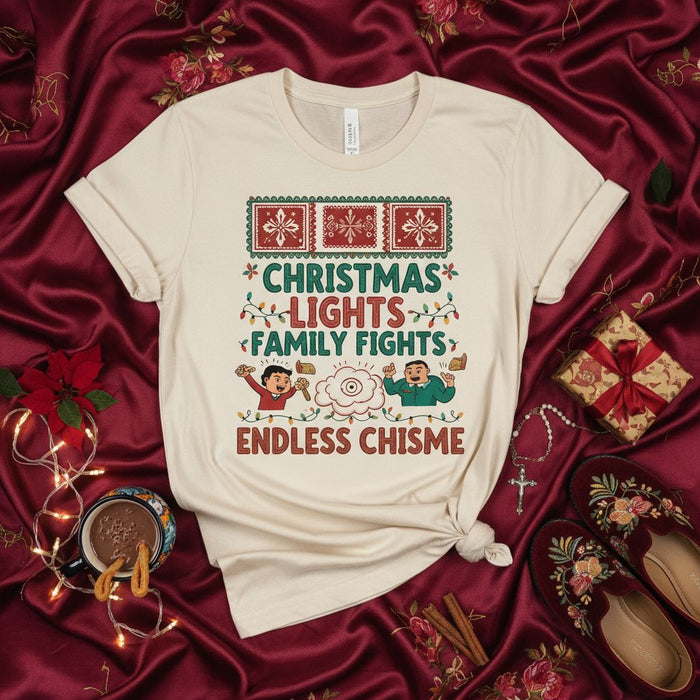 Christmas Lights Family Fights Endless Chisme T-Shirt, Funny Ugly Christmas Sweater Style Tee, Navidad Humor Shirt, Hispanic Family Holiday Gift, Mexican-American Xmas Top