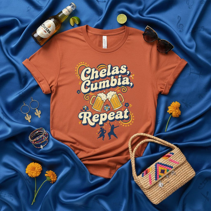 Chelas Cumbia Repeat T-Shirt, Chelas Y Cumbia Shirt, Fiesta Beer Dancing Tee, Cumbia Lover Gift, Retro Groovy Graphic Unisex Latin Music Top