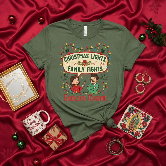 Christmas Lights Family Fights Endless Chisme T-Shirt, Funny Holiday Shirt, Latino Christmas Tee, Spanish English Mixed Phrase, Unisex Festive Top, Mexican-American Culture Gift, Navidad Humor Apparel