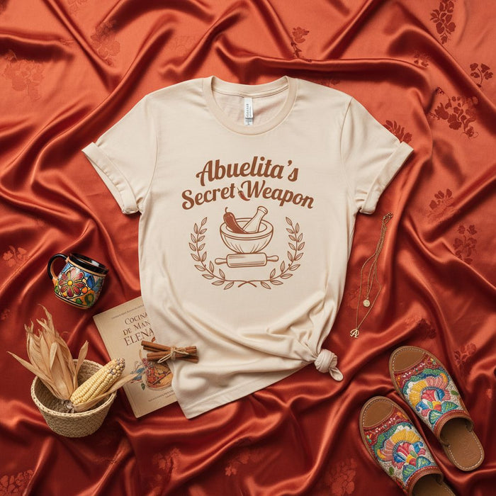 Arma Secreta de Abuela Camiseta, Regalo de Cocina, Molcajete Rodillo Corona de Laurel, Camiseta Gráfica de Cocinero Hispano, Camiseta Unisex Crema