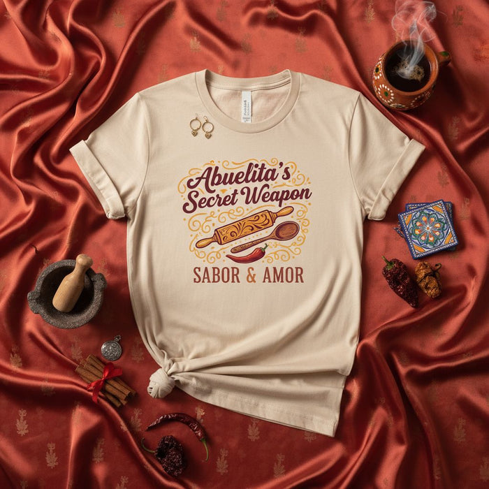 Abuelita's Secret Weapon Sabor & Amor T-Shirt | Funny Hispanic Grandma Cooking Tee | Mexican Family Gift | Rolling Pin Chili Spice Design | Unisex Short Sleeve Shirt
