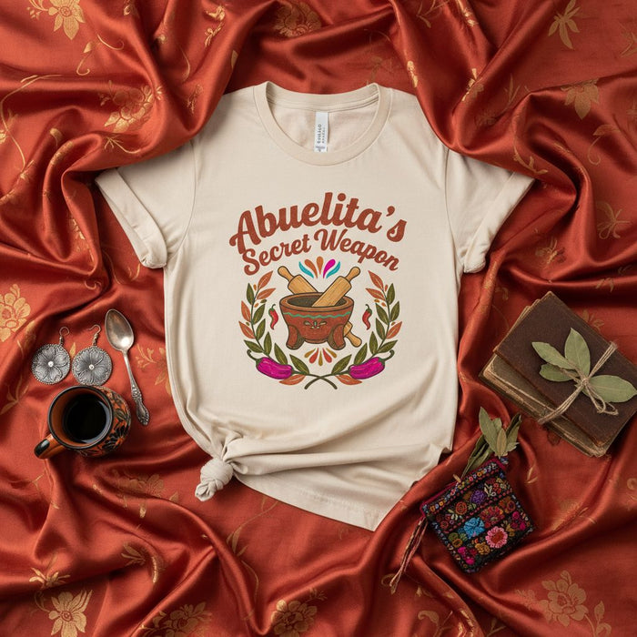 Abuelita's Secret Weapon T-Shirt, Spanish Grandma Cooking Gift, Molcajete Rolling Pin Design, Hispanic Heritage Tee, Cinco de Mayo Apparel, Foodie Abuela Shirt, Traditional Kitchen Tool Graphic Top