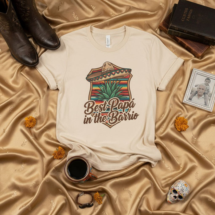 Best Papá in the Barrio T-Shirt, Sombrero and Agave Graphic Tee, Funny Spanish Father's Day Gift, Mexican Dad Shirt, Unisex Fit, Beige Color, Fiesta Style