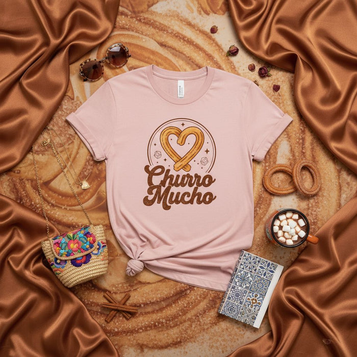 Churro Mucho T-Shirt with Heart-Shaped Churro Graphic, Funny Dessert Lover Tee, Sweet Treat Foodie Gift, Spanish Pun Shirt, Unisex Softstyle Casual Wear.