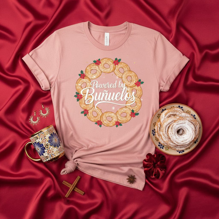 Powered by Buñuelos T-Shirt, Christmas Donut Cookie Wreath Tee, Holiday Mexican Dessert Shirt, Unisex Spanish Food Gift Top