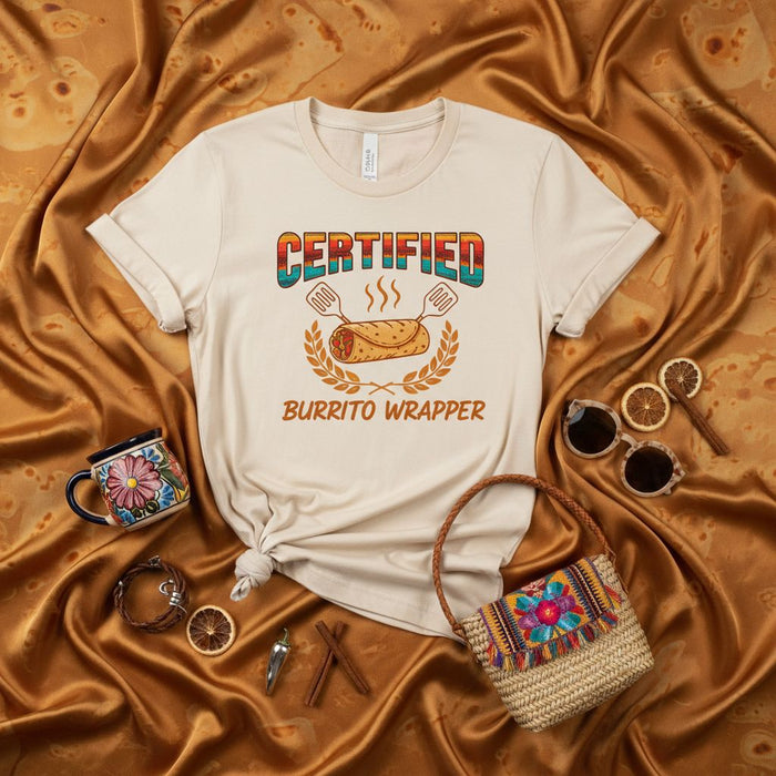 CERTIFIED BURRITO WRAPPER T-Shirt, Funny Chef Cook Tee, Mexican Food Lover Gift, Retro Sunset Graphic Culinary Apparel, Unisex Short Sleeve Shirt for Cooks and Kitchen Staff