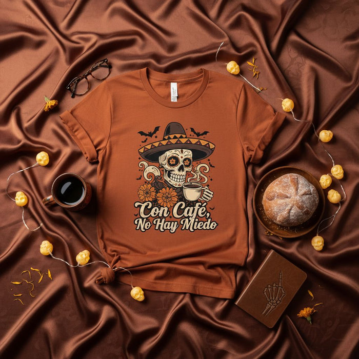 Con Café No Hay Miedo Sugar Skull Día de los Muertos T-Shirt, Funny Coffee Calavera Unisex Shirt, Day of the Dead Skeleton Tee, Spanglish Halloween Apparel, Fall Latte Lover Gift Idea