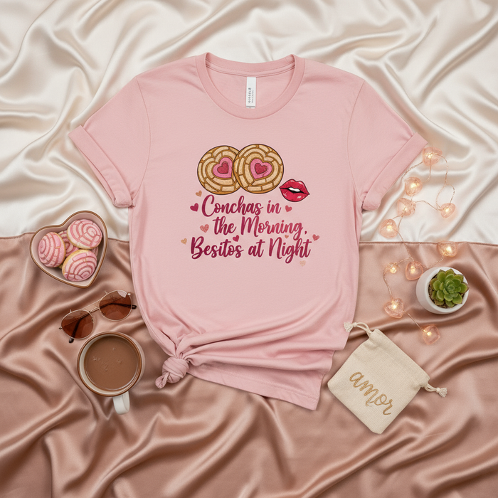 Conchas in the Morning Besitos at Night T-Shirt, Cute Mexican Concha Pan Dulce Shirt, Valentine's Day Latinx Love Shirt, Pink Unisex Tee, Foodie Gift for Her, Spanish Pun Shirt