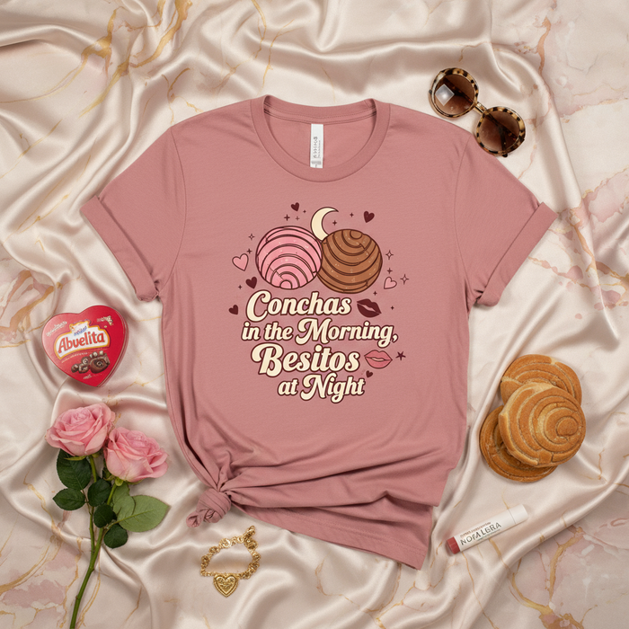 Conchas in the Morning, Besitos at Night T-Shirt, Cute Mexican Pan Dulce Tee, Spanish Quote Shirt, Latina Gift, Cozy Bakery Lover Top with Conchas Graphic, Unisex Fit, Pink Dusty Rose Color