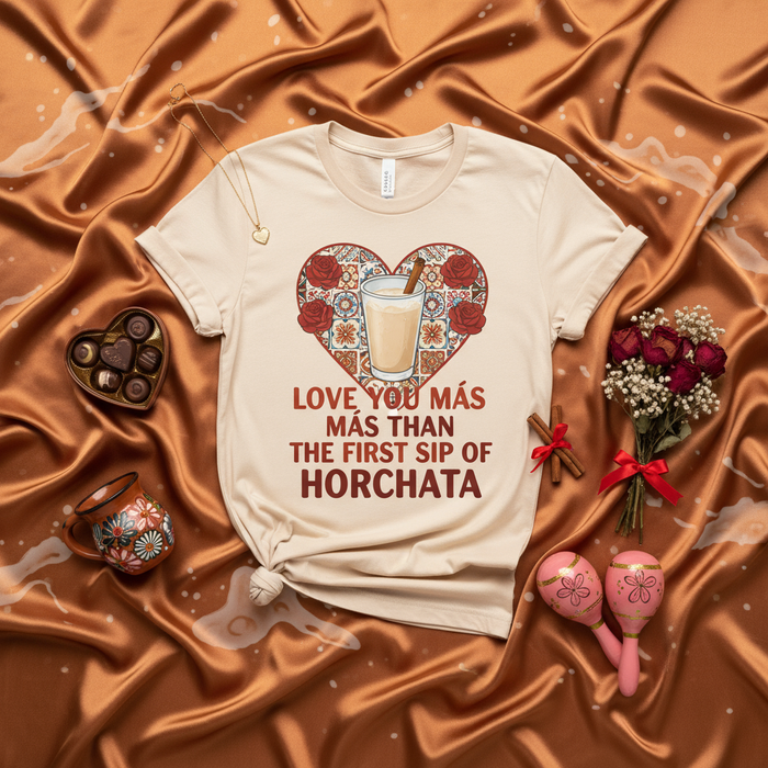 Love You Más Más Than The First Sip of Horchata T-Shirt, Unisex Valentine's Day Shirt, Heart Horchata Graphic Tee, Mexican Tile Floral Print, Romantic Spanish Quote Shirt