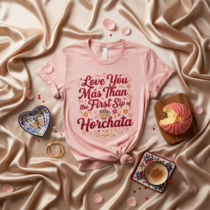 Ti amo più del primo sorso di horchata maglietta, divertente cibo ispanico, simpatica citazione spagnola, regalo San Valentino Latino, concha pane, horchata amante, rosa grafica unisex