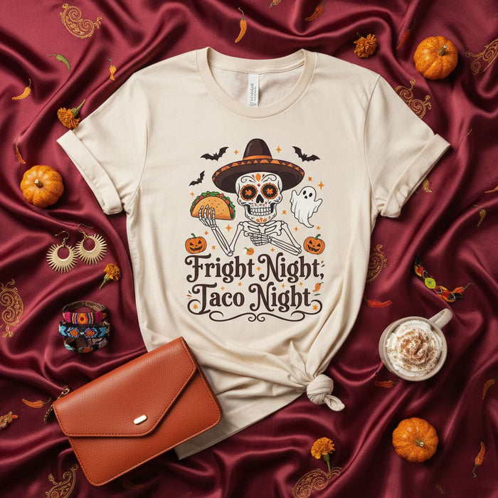 Camiseta Noche de Tacos de Miedo, Esqueleto Sombrero Taco Fantasma Calabazas, Divertida Fiesta Espeluznante, Camiseta Gráfica Unisex, Idea de Regalo de Otoño