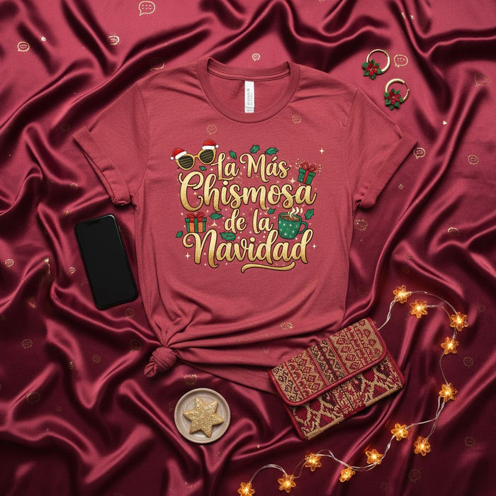 La Más Chismosa de la Navidad Funny Spanish Christmas T-Shirt, Holiday Gossip Tee, Latina Christmas Gift for Her, Cute Secret Santa Shirt, Red Unisex Short Sleeve Top, Navidad Party Outfit Idea
