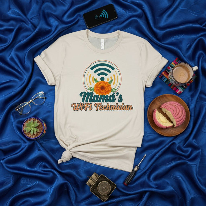Mama's WiFi Technician T-Shirt, Funny Tech Support Gift for Son Daughter, Mother's Day, WiFi Signal Graphic Tee, Mexican Marigold Flower Design, Unisex Shirt for Men and Women