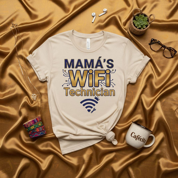 Mamá's WiFi Technician T-Shirt, Funny Hispanic Mom or Dad Tech Support Shirt, Mother's Day Gift for Spanish Speaking Family, Día de las Madres Gift Tee, Unisex Crewneck Top with Crown and Circuit Design