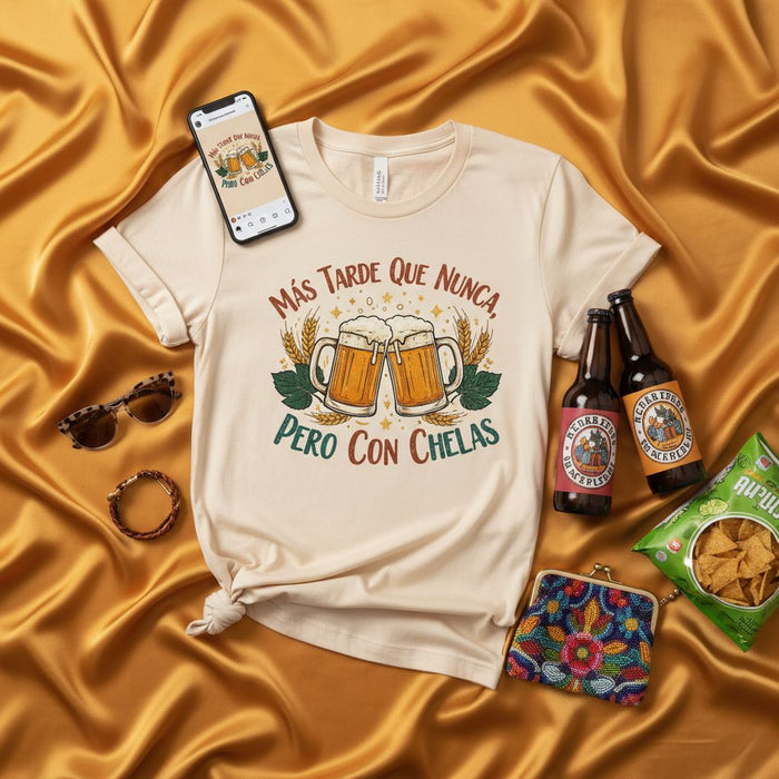 Más Tarde Que Nunca, Pero Con Chelas T-Shirt: Funny Spanish Beer Drinking Tee, Fiesta Latina, Cerveza Pun Shirt for Men and Women, Unisex Graphic Top