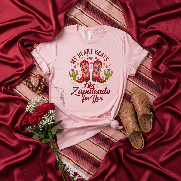 My Heart Beats Like Zapateado For You T-Shirt, Pink Valentine's Day Western Tee, Country Dance Cowgirl Boots Shirt, Mexican Fiesta Love Gift, Unisex Graphic Top