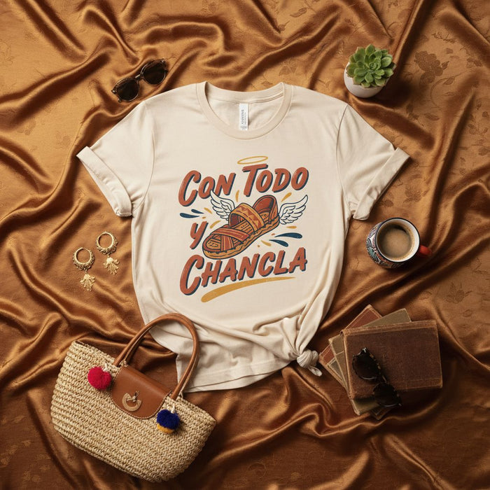 Con Todo y Chancla Shirt, Funny Spanish Saying Tee, Latina Mom Gift, Chancla Sandal Wings Graphic, Unisex Retro Style T-Shirt, Hispanic Culture Apparel