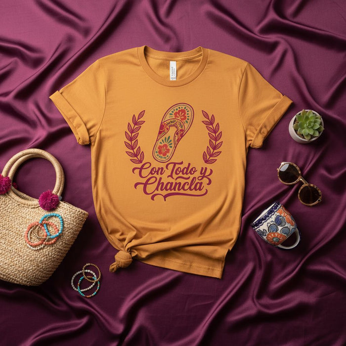 Con Todo y Chancla Shirt, Funny Latina Mom T-Shirt, Mexican Chancla Flip Flop Graphic Tee, Spanish Quote Unisex Gift for Mom, Cute Fiesta Style Top