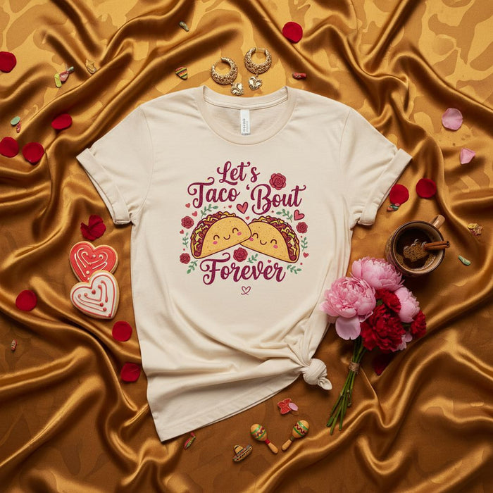 Let's Taco 'Bout Forever Valentine's Day T-Shirt, Cute Smiling Tacos Couple Tee, Romantic Food Pun Shirt, Anniversary Gift for Him Her, Unisex Soft Cream Short Sleeve Graphic Top