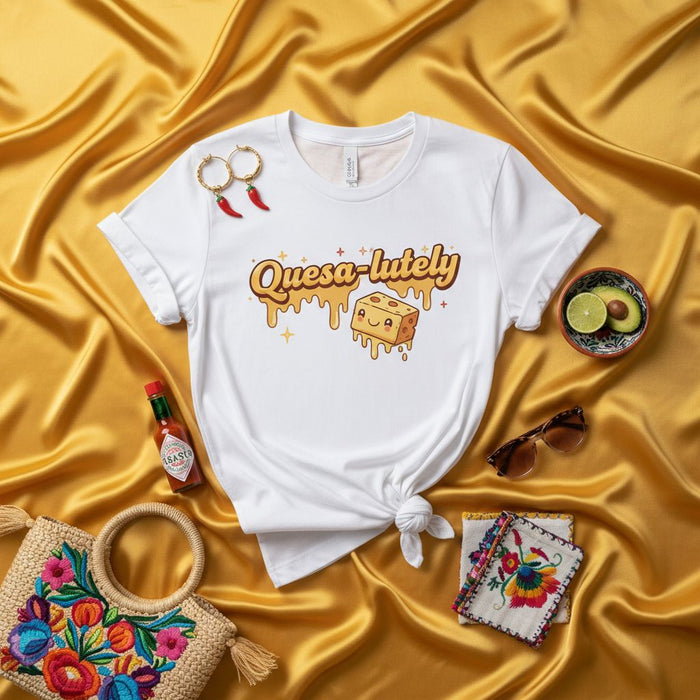 Quesa-lutely Cute Cheese Pun T-Shirt with Cartoon Melting Queso Graphic, Funny Foodie Tee for Men and Women, Mexican Fiesta Style Outfit Idea