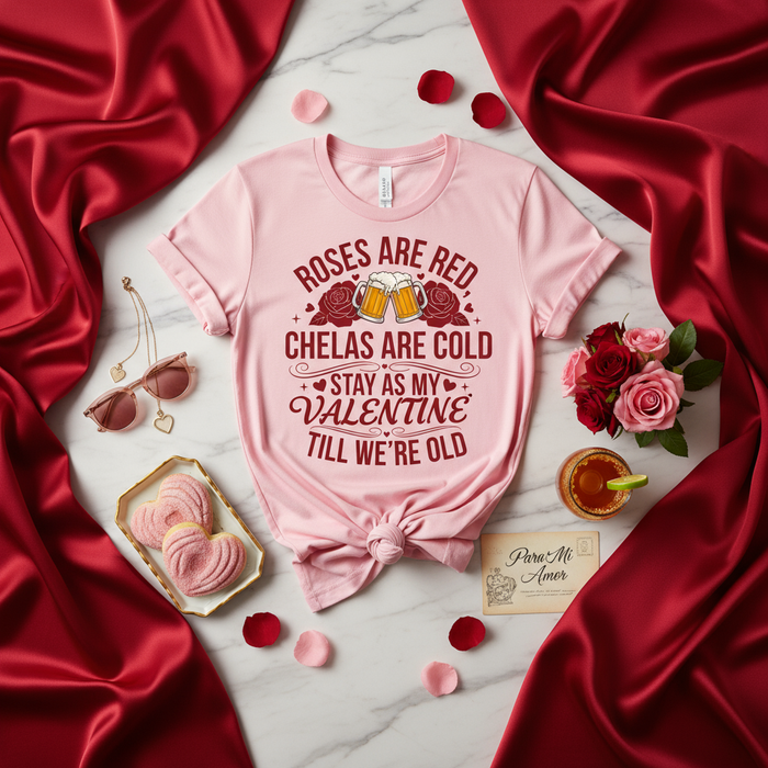 Roses Are Red Chelas Are Cold Stay As My Valentine Till We're Old T-Shirt, Funny Valentine's Day Shirt, Spanish English Mix, Chela Beer Lover Gift, Romantic Love Tee, Unisex Pink Shirt, Anniversary Gift for Him Her, Drinking Shirt