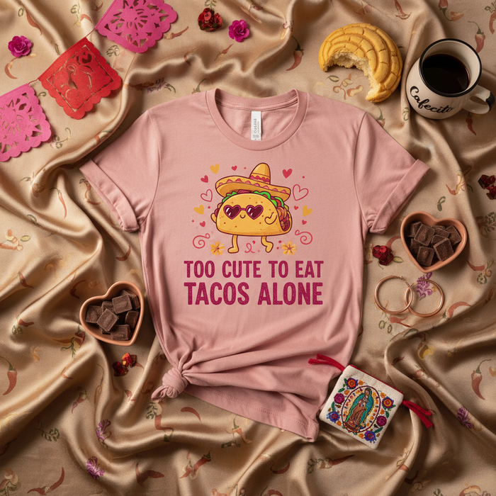 Too Cute To Eat Tacos Alone T-Shirt, Funny Cute Taco Graphic Tee, Unisex Sombrero Sunglasses Cinco de Mayo Food Lover Shirt Gift Idea
