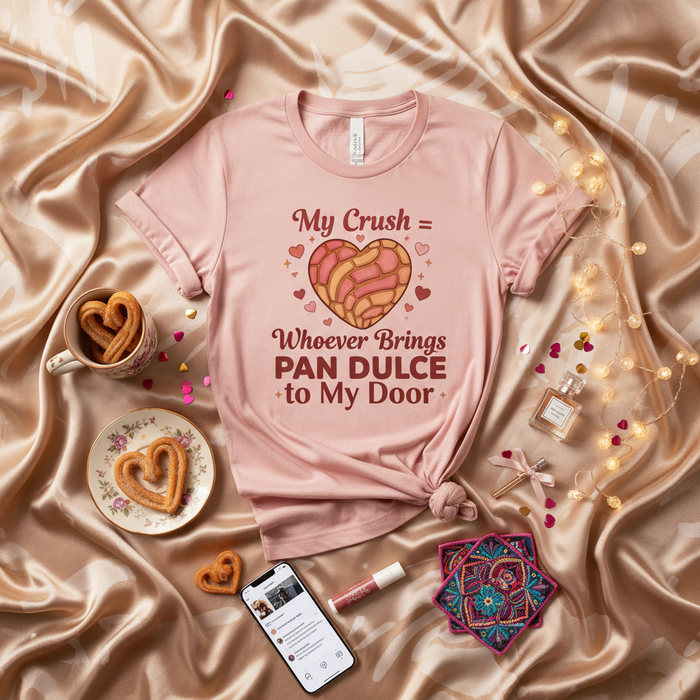 Maglietta Il Mio Crush = Chi Mi Porta Pan Dulce, Maglietta Divertente Pan Dulce Concha Cuore Pane Dolce Messicano, Maglia Regalo San Valentino Carina Amante Cibo Latino, Top Grafico Unisex Rosa Pastello