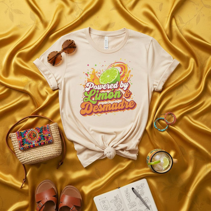 Powered by Limón & Desmadre T-Shirt, Funny Hispanic Graphic Tee, Mexican Fiesta Shirt, Spanish Quote Shirt, Cinco de Mayo Apparel, Summer Citrus Lemon Lime T-Shirt, Latinx Gift Idea, Unisex Style  **Characters:** 237
